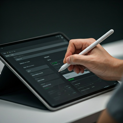 Designer using stylus on digital tablet with UI design visible